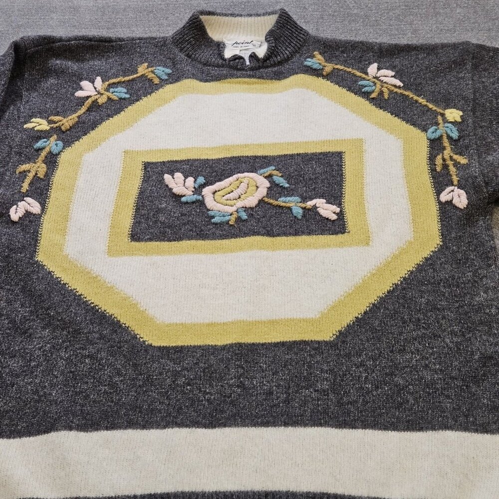 Point Sweater Women M/L Gray Floral Embroidery Italy LS Crewneck Wool Blend Boho - Picture 8 of 11